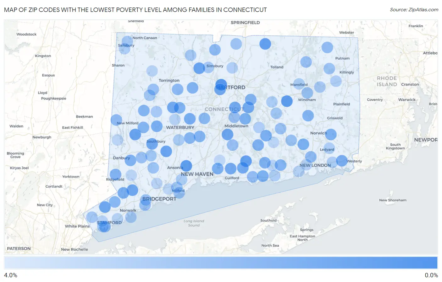 Zip Codes with the Lowest Poverty Level Among Families in Connecticut Map