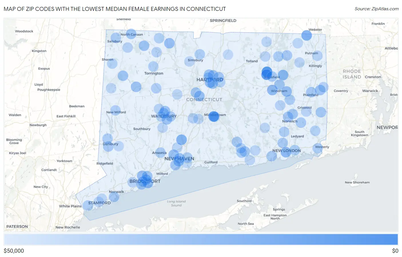 Zip Codes with the Lowest Median Female Earnings in Connecticut Map