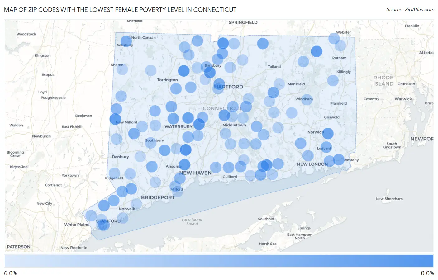Zip Codes with the Lowest Female Poverty Level in Connecticut Map