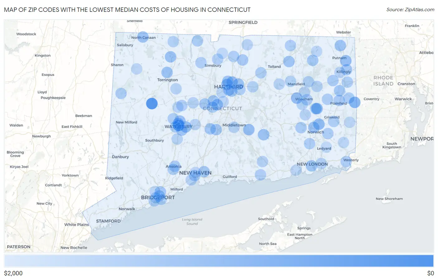 Zip Codes with the Lowest Median Costs of Housing in Connecticut Map