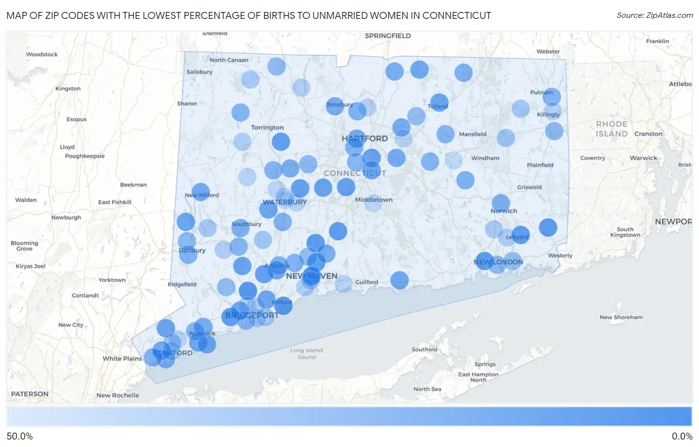 Zip Codes with the Lowest Percentage of Births to Unmarried Women in Connecticut Map