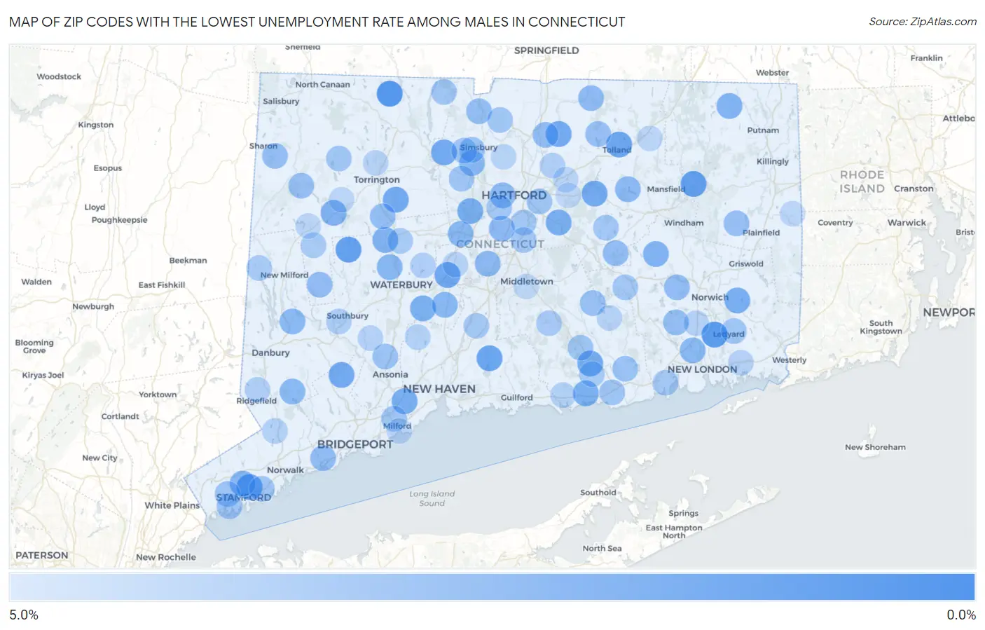 Zip Codes with the Lowest Unemployment Rate Among Males in Connecticut Map