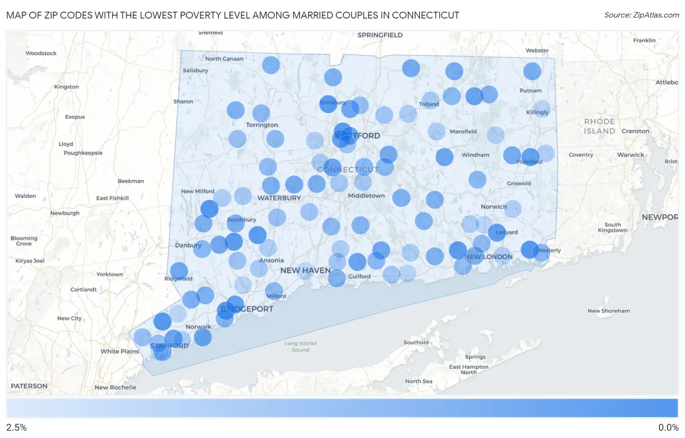 Zip Codes with the Lowest Poverty Level Among Married Couples in Connecticut Map