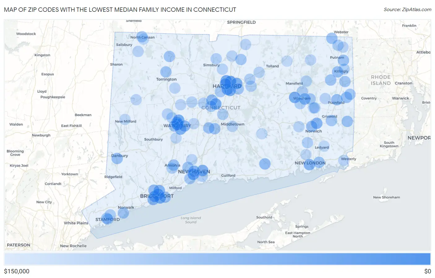 Zip Codes with the Lowest Median Family Income in Connecticut Map