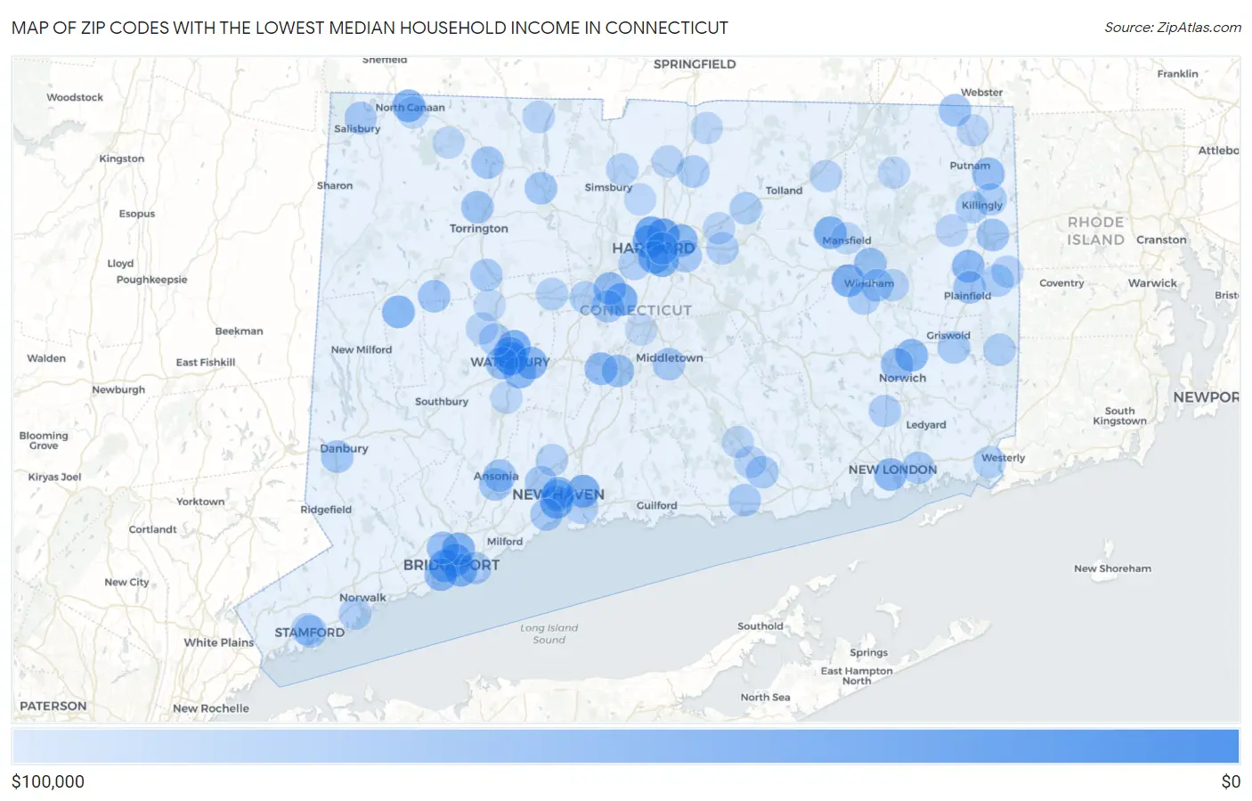 Zip Codes with the Lowest Median Household Income in Connecticut Map