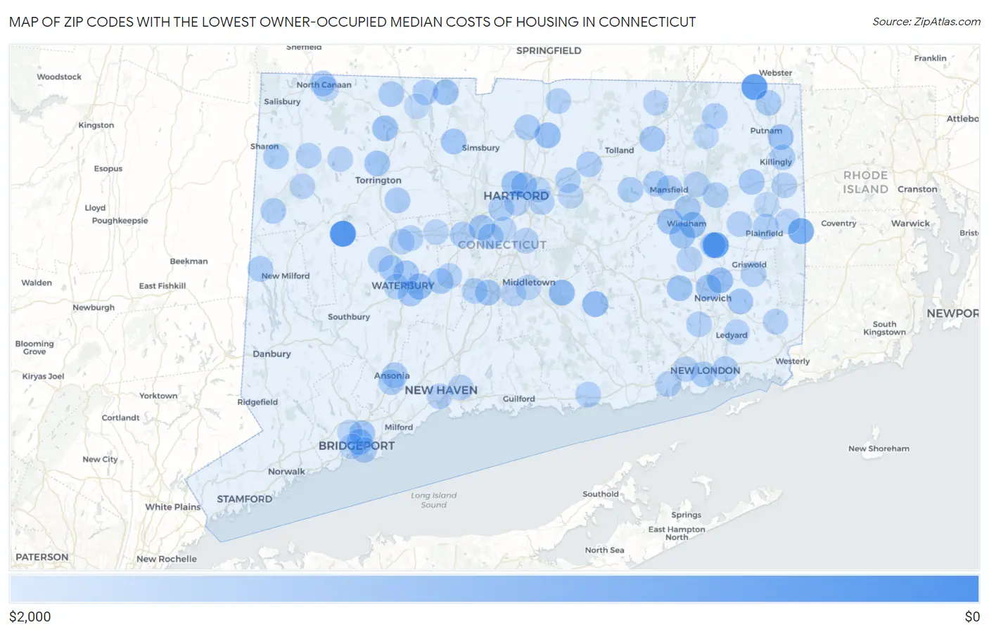 Zip Codes with the Lowest Owner-Occupied Median Costs of Housing in Connecticut Map