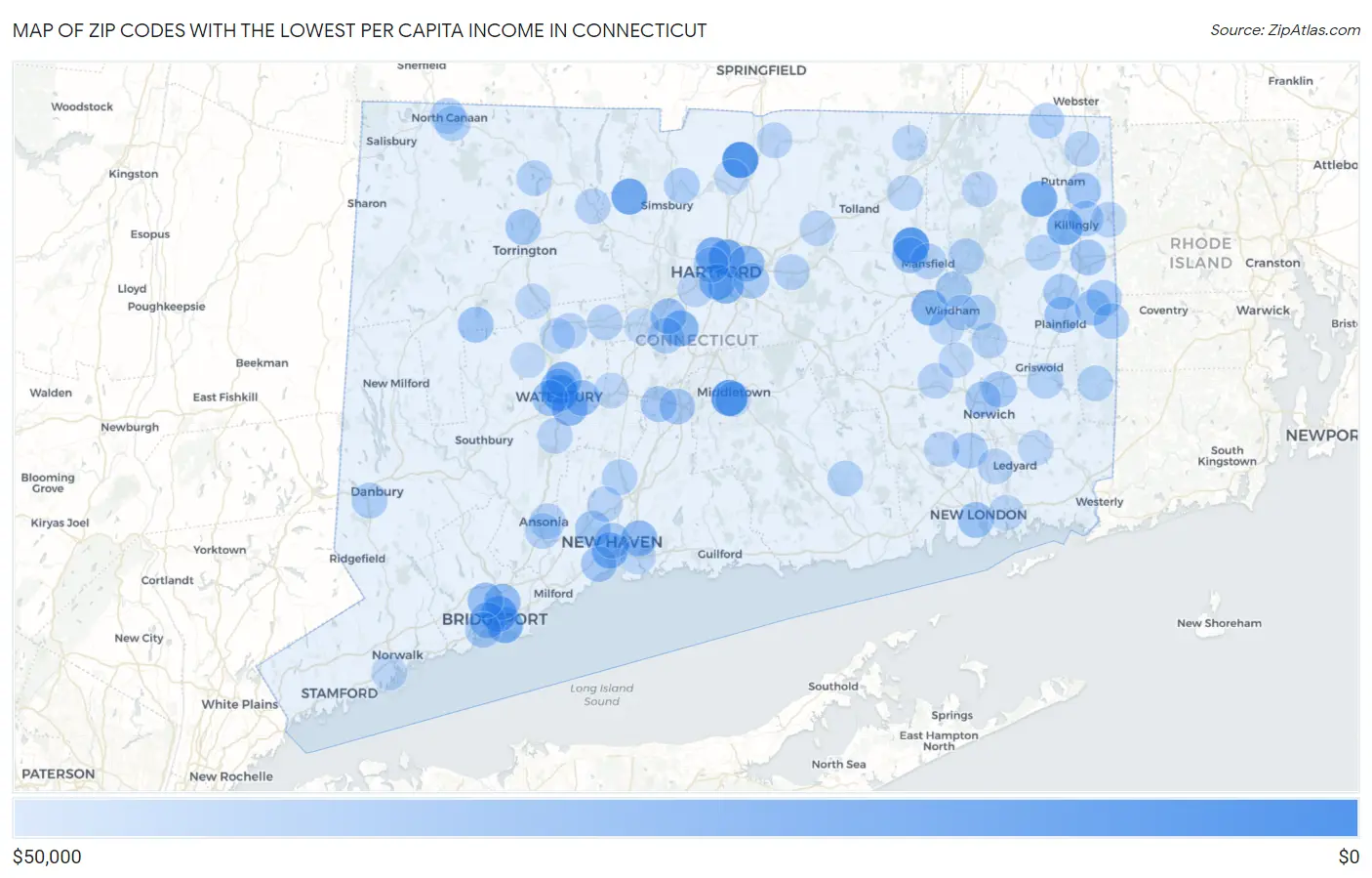 Zip Codes with the Lowest Per Capita Income in Connecticut Map
