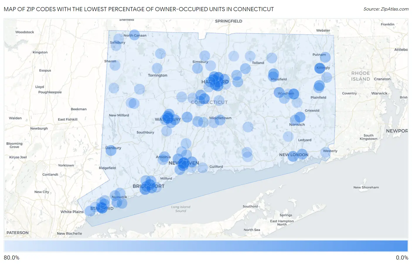 Zip Codes with the Lowest Percentage of Owner-Occupied Units in Connecticut Map