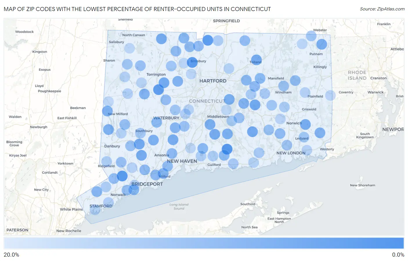 Zip Codes with the Lowest Percentage of Renter-Occupied Units in Connecticut Map