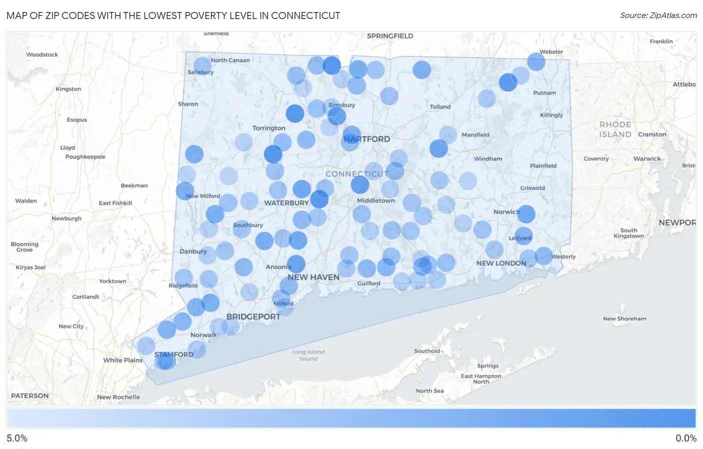 Zip Codes with the Lowest Poverty Level in Connecticut Map