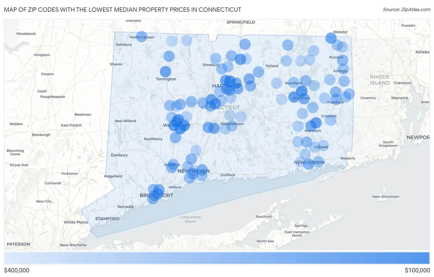 Zip Codes with the Lowest Median Property Prices in Connecticut Map