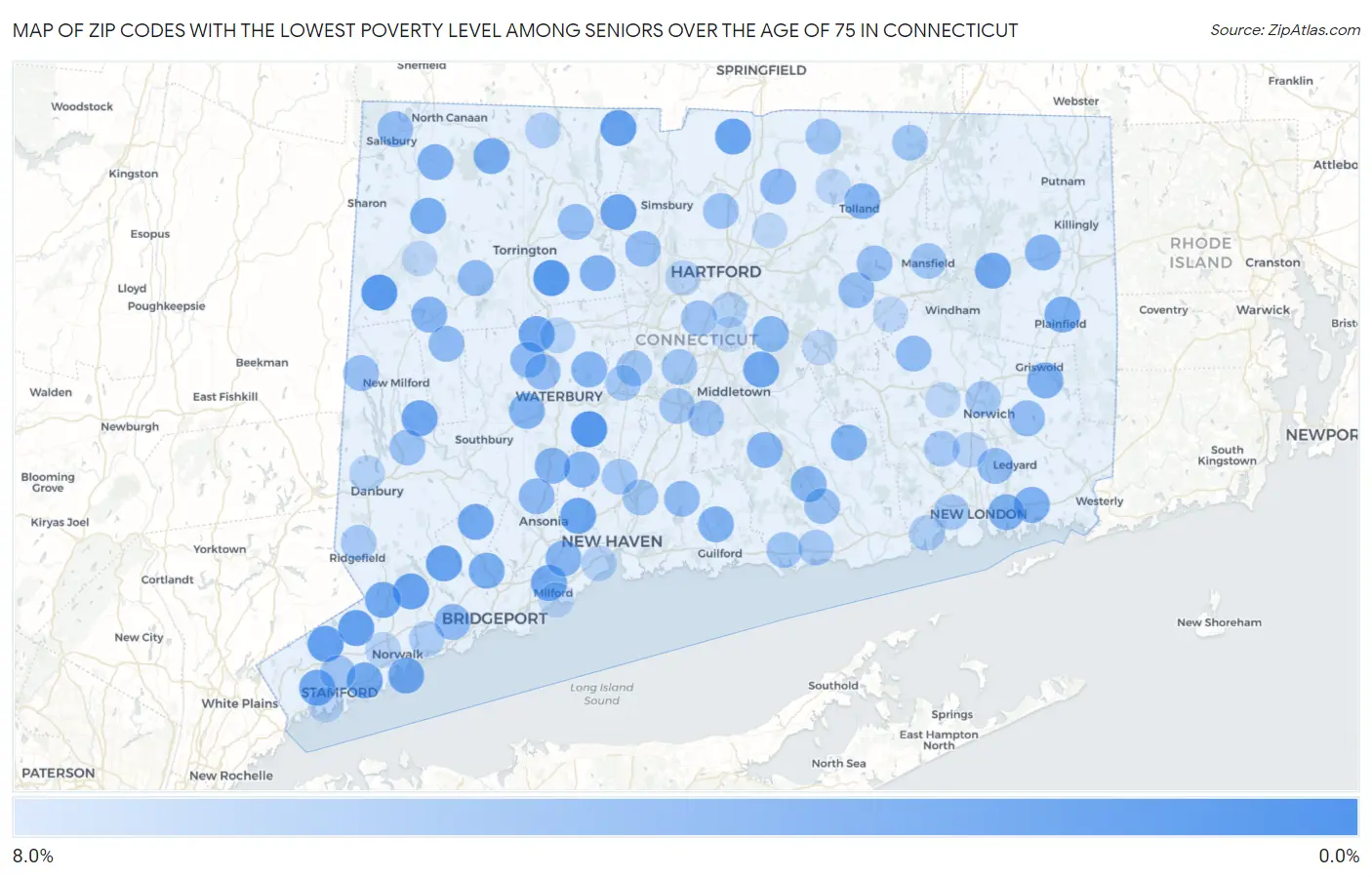 Zip Codes with the Lowest Poverty Level Among Seniors Over the Age of 75 in Connecticut Map