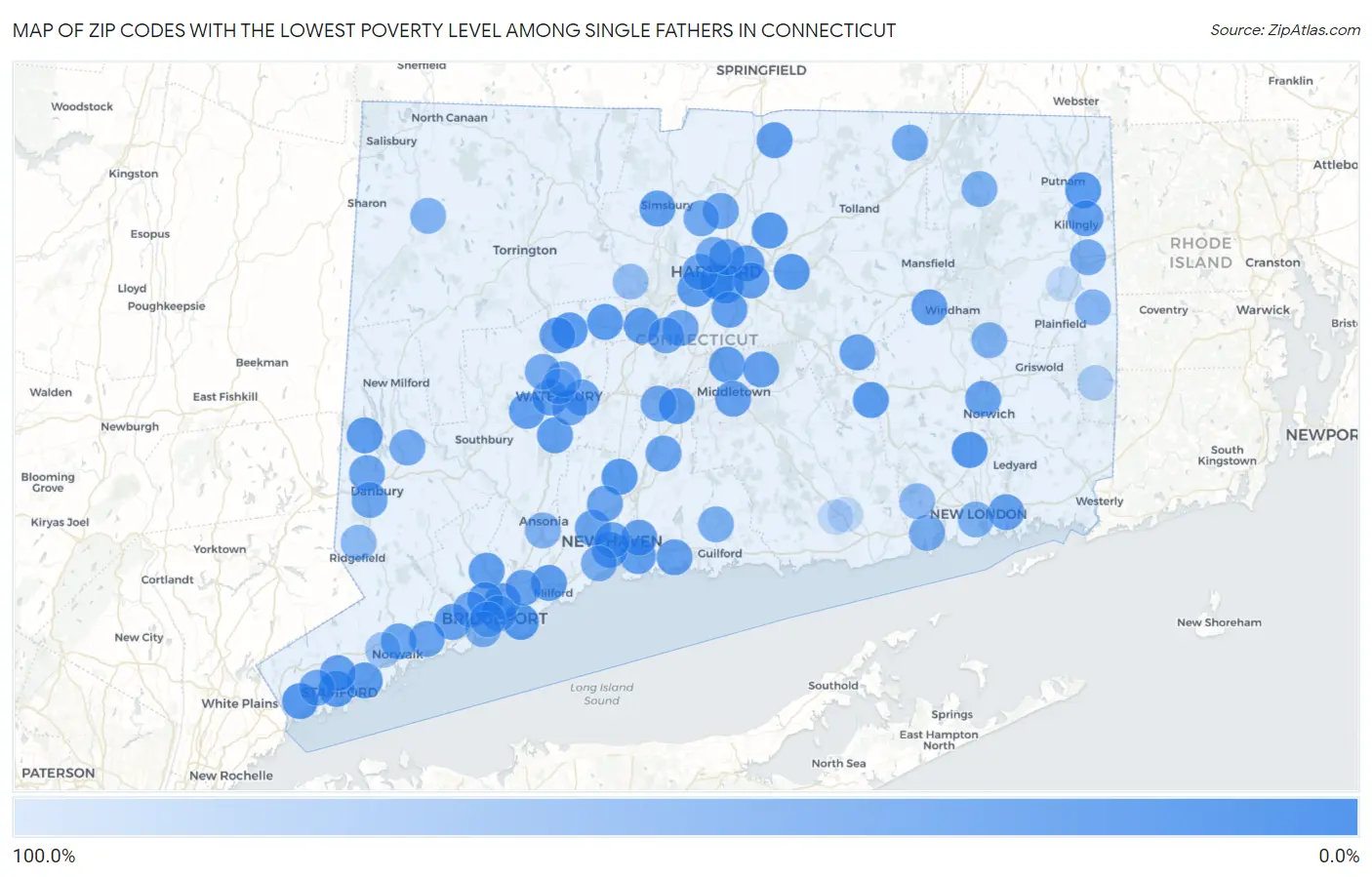 Zip Codes with the Lowest Poverty Level Among Single Fathers in Connecticut Map