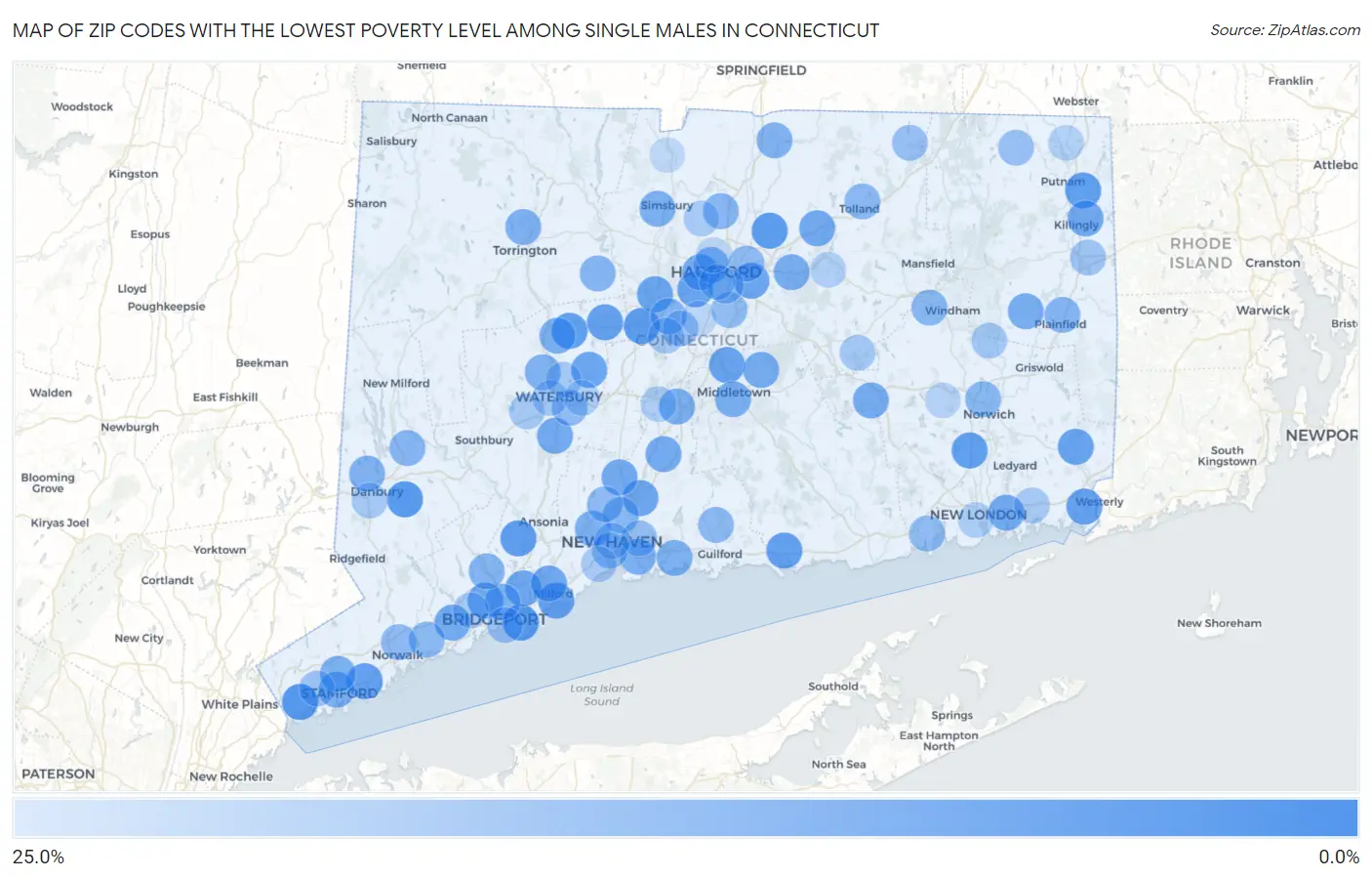 Zip Codes with the Lowest Poverty Level Among Single Males in Connecticut Map