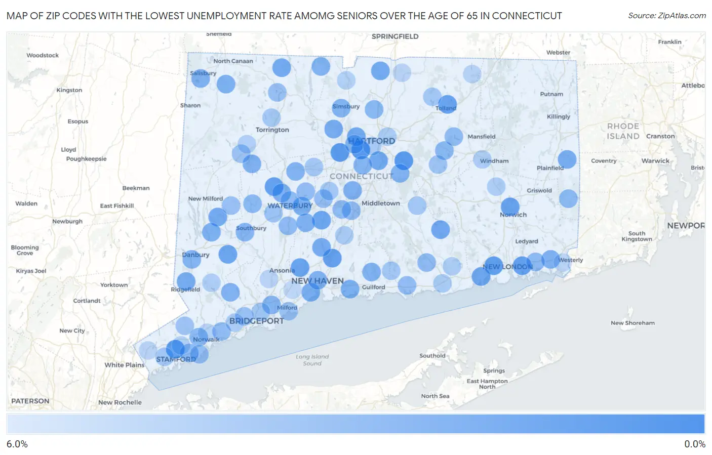 Zip Codes with the Lowest Unemployment Rate Amomg Seniors Over the Age of 65 in Connecticut Map