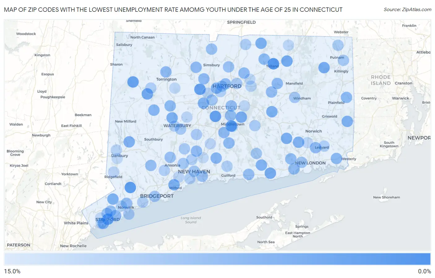 Zip Codes with the Lowest Unemployment Rate Amomg Youth Under the Age of 25 in Connecticut Map