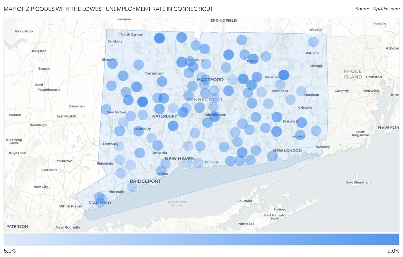 Zip Codes with the Lowest Unemployment Rate in Connecticut Map