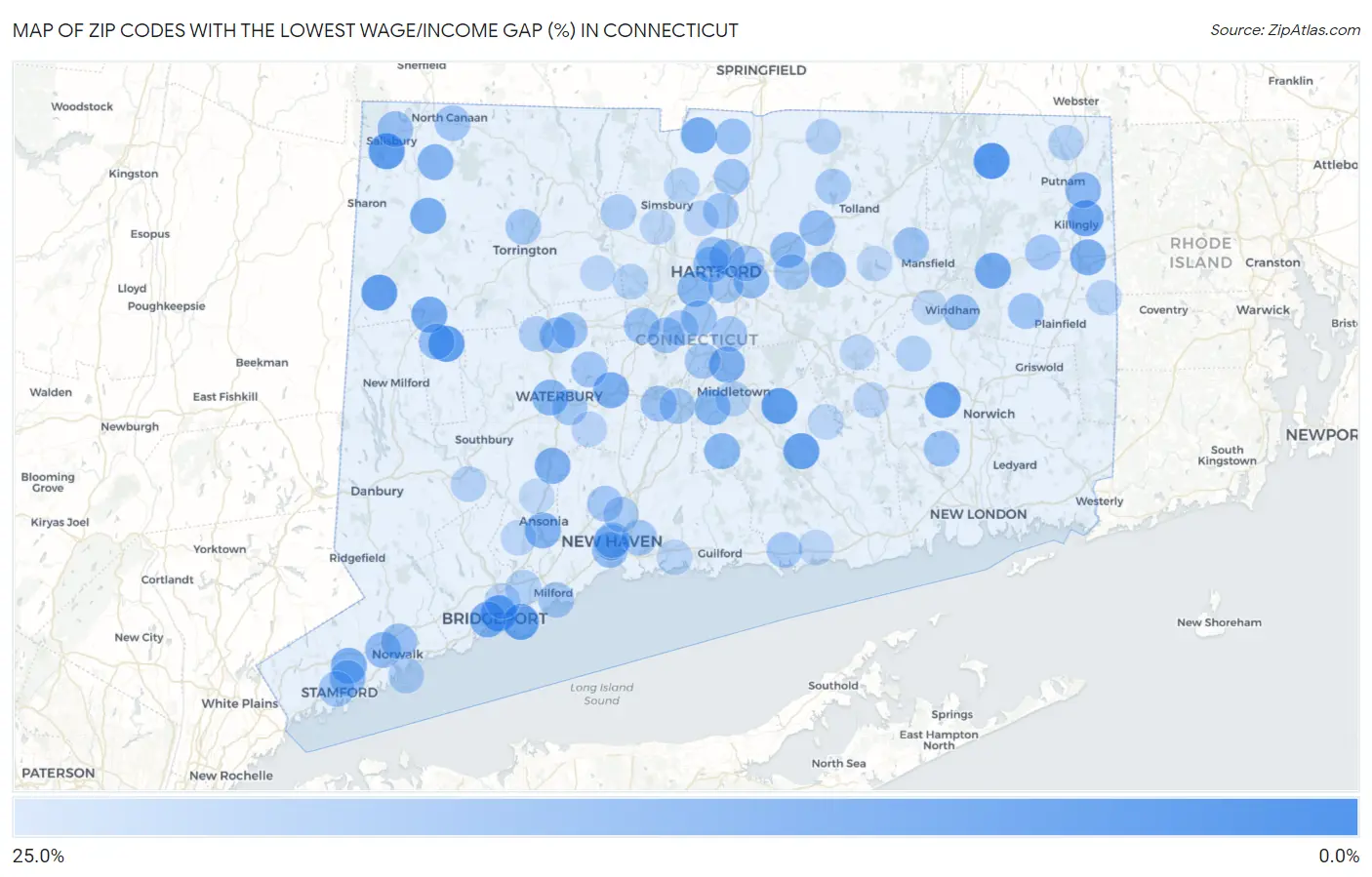 Zip Codes with the Lowest Wage/Income Gap (%) in Connecticut Map