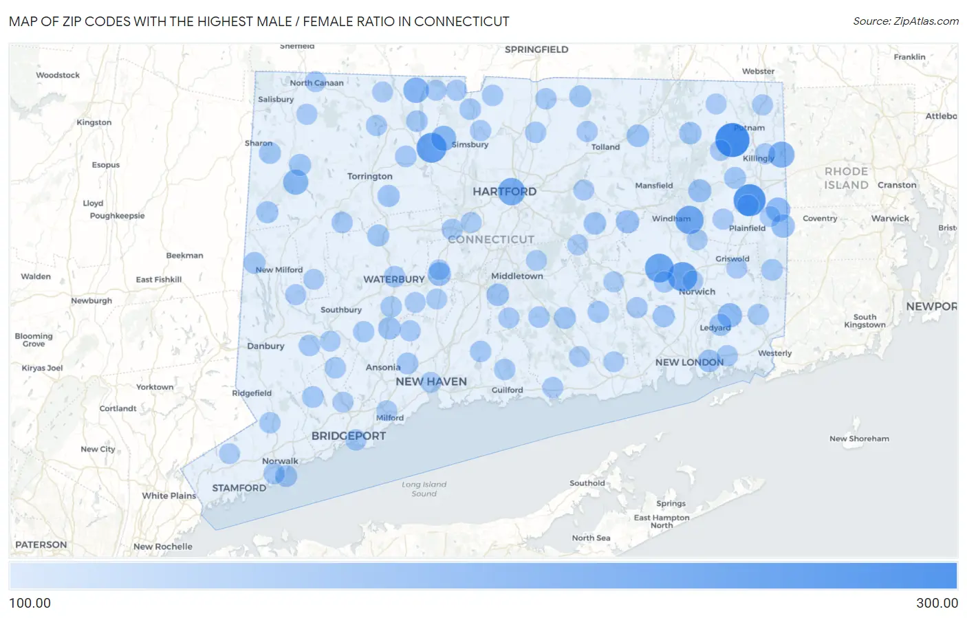 Zip Codes with the Highest Male / Female Ratio in Connecticut Map