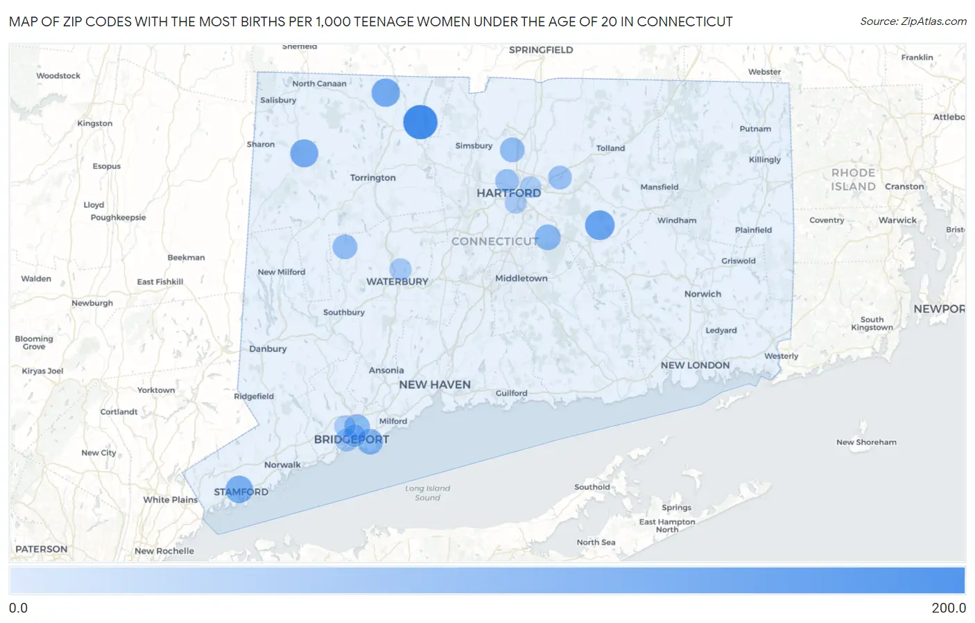 Zip Codes with the Most Births per 1,000 Teenage Women Under the Age of 20 in Connecticut Map