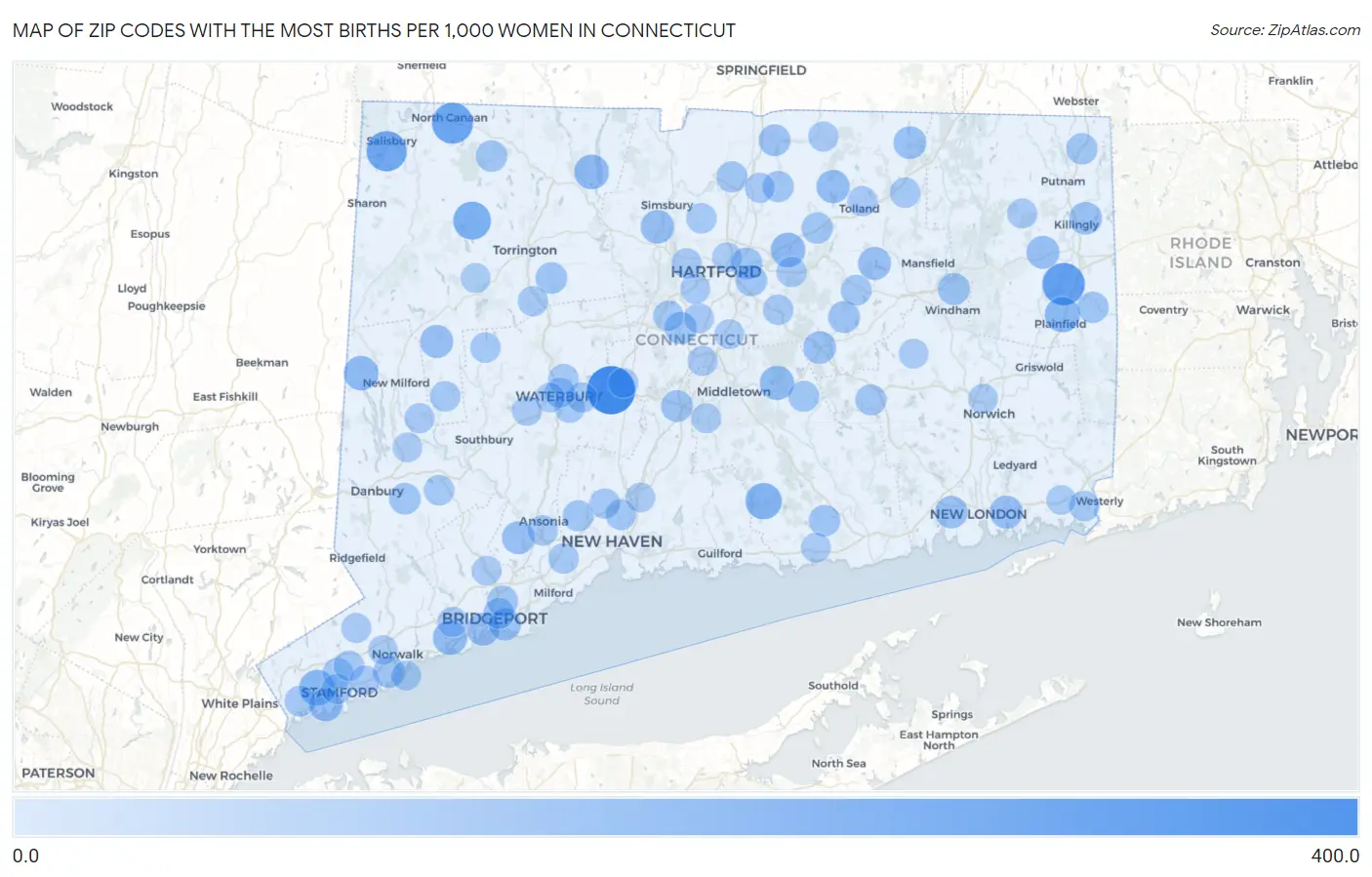 Zip Codes with the Most Births per 1,000 Women in Connecticut Map