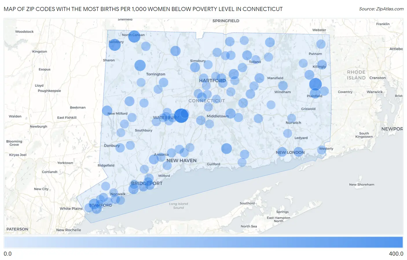 Zip Codes with the Most Births per 1,000 Women Below Poverty Level in Connecticut Map