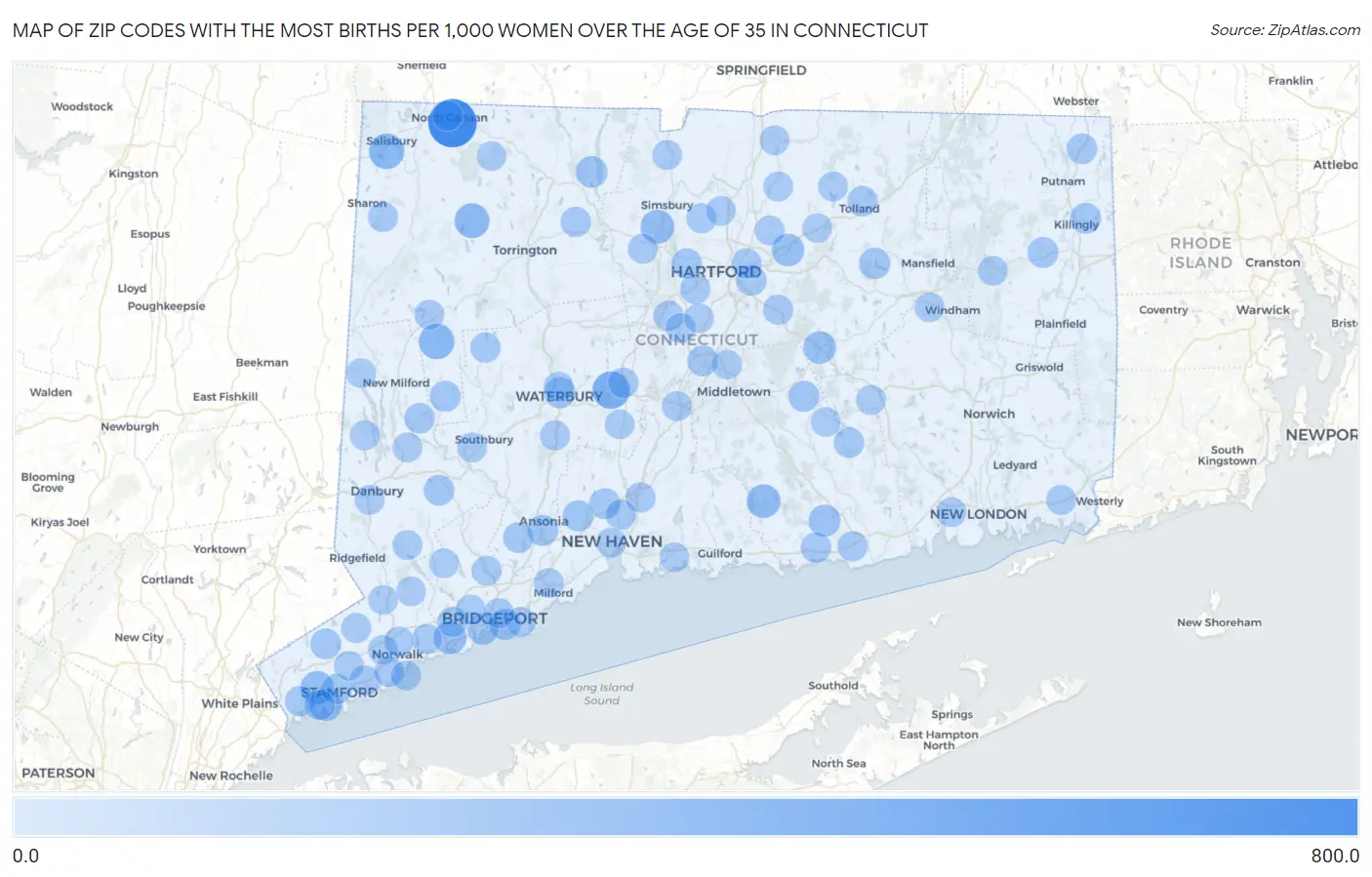 Zip Codes with the Most Births per 1,000 Women Over the Age of 35 in Connecticut Map