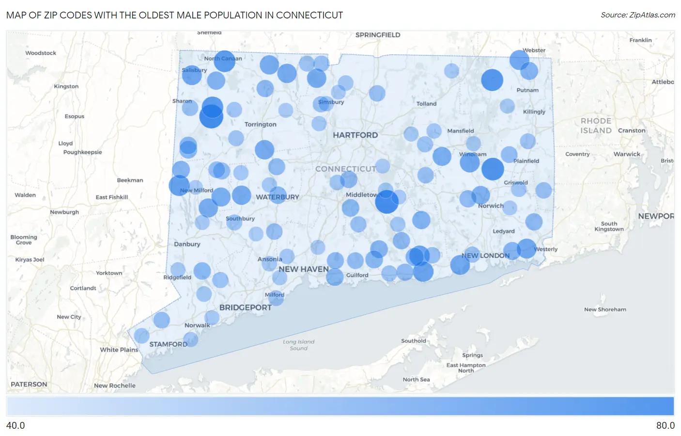 Zip Codes with the Oldest Male Population in Connecticut Map