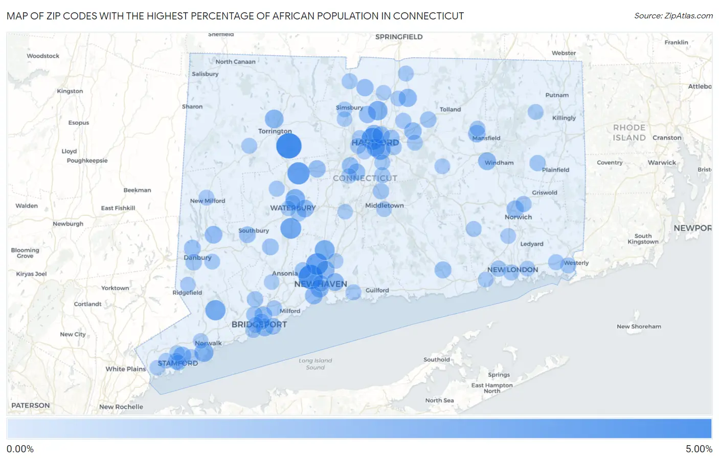 Zip Codes with the Highest Percentage of African Population in Connecticut Map