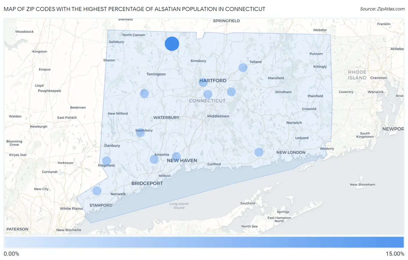 Zip Codes with the Highest Percentage of Alsatian Population in Connecticut Map