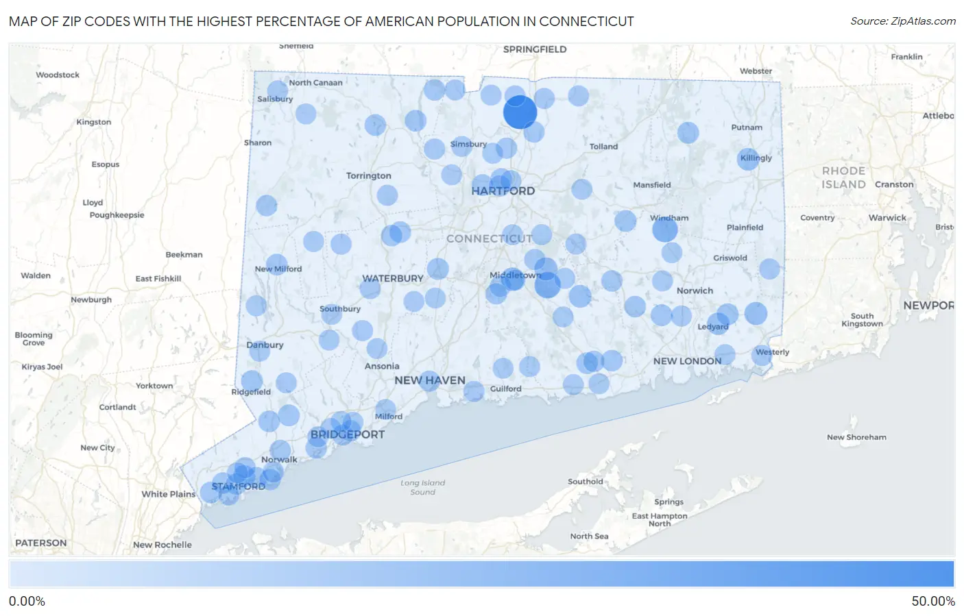 Zip Codes with the Highest Percentage of American Population in Connecticut Map