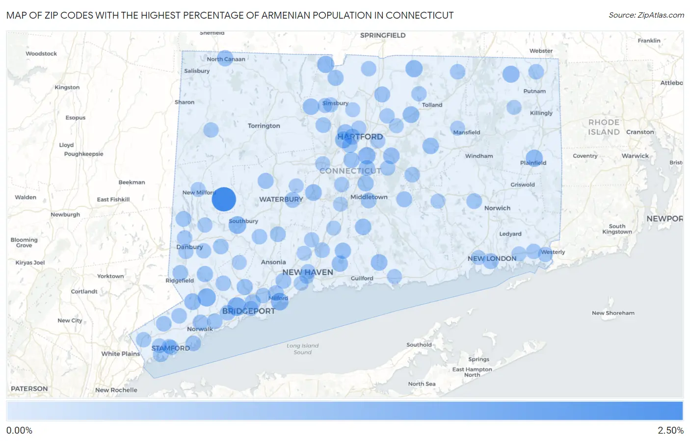 Zip Codes with the Highest Percentage of Armenian Population in Connecticut Map