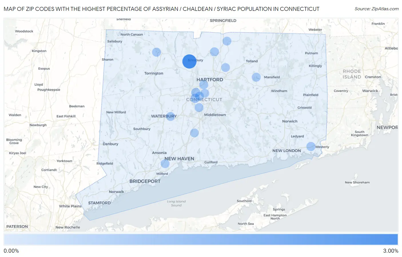 Zip Codes with the Highest Percentage of Assyrian / Chaldean / Syriac Population in Connecticut Map