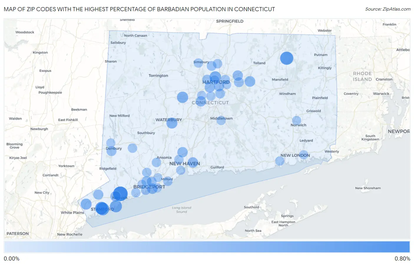 Zip Codes with the Highest Percentage of Barbadian Population in Connecticut Map