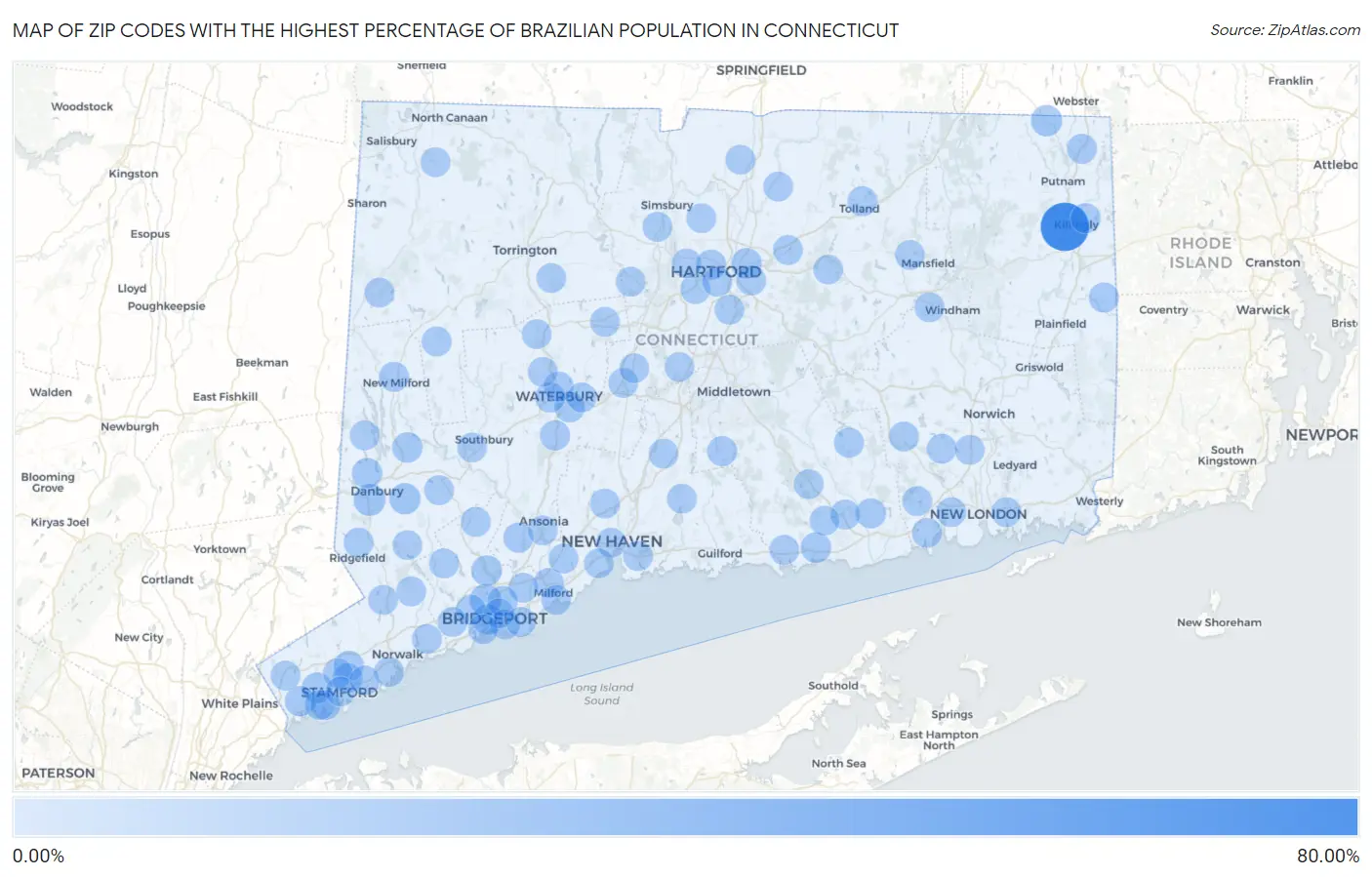 Zip Codes with the Highest Percentage of Brazilian Population in Connecticut Map