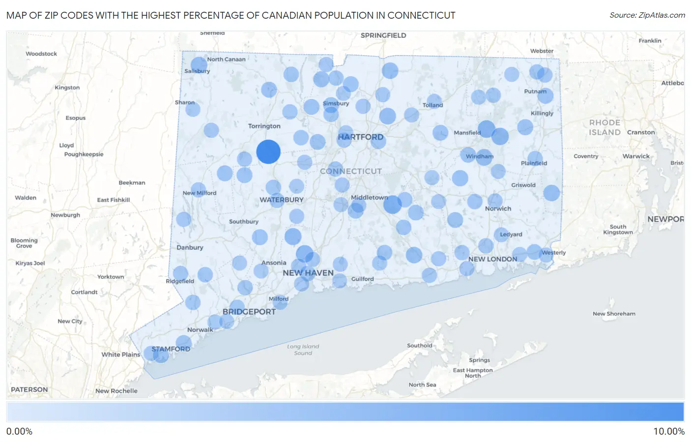 Zip Codes with the Highest Percentage of Canadian Population in Connecticut Map
