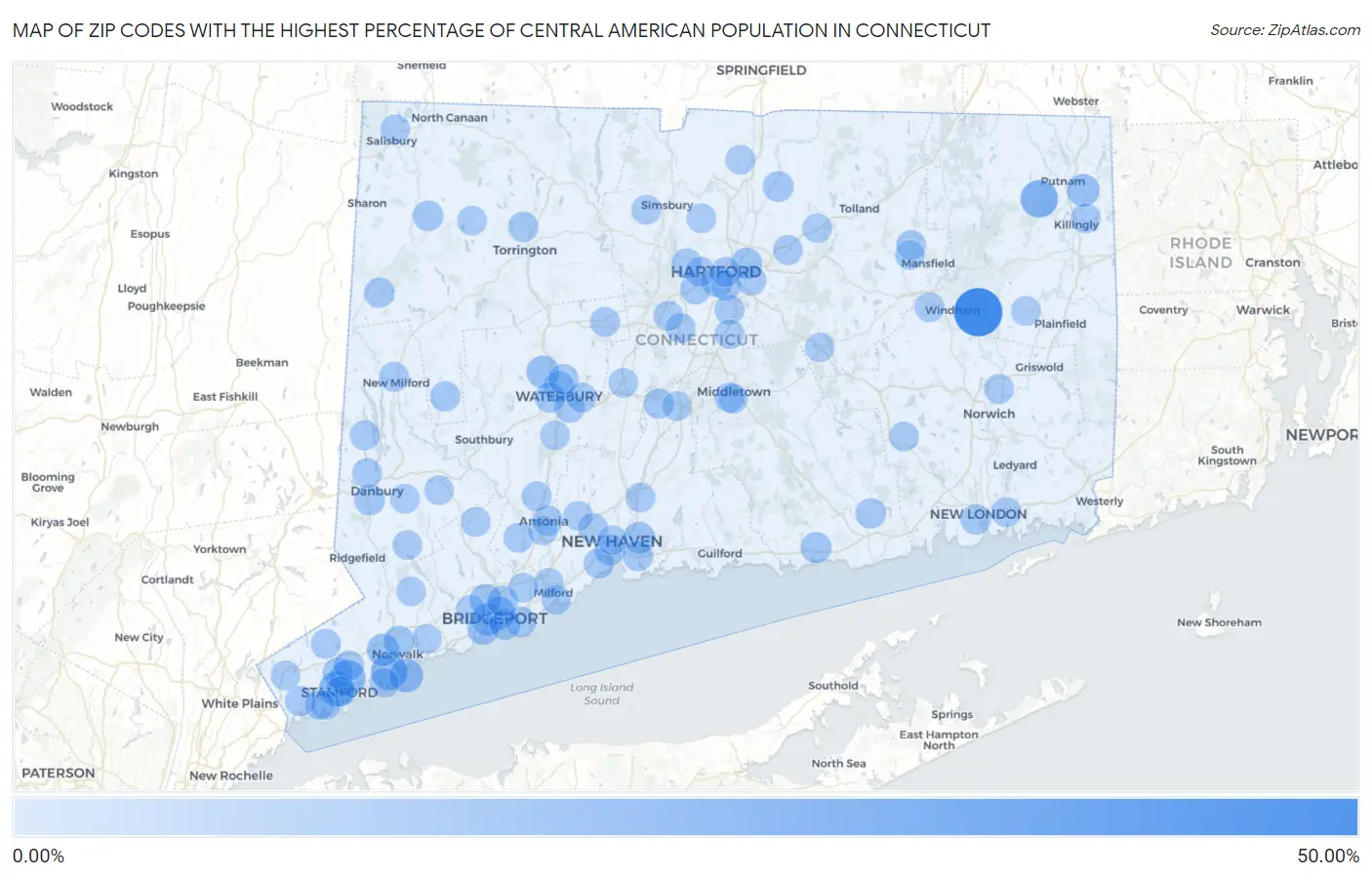 Zip Codes with the Highest Percentage of Central American Population in Connecticut Map