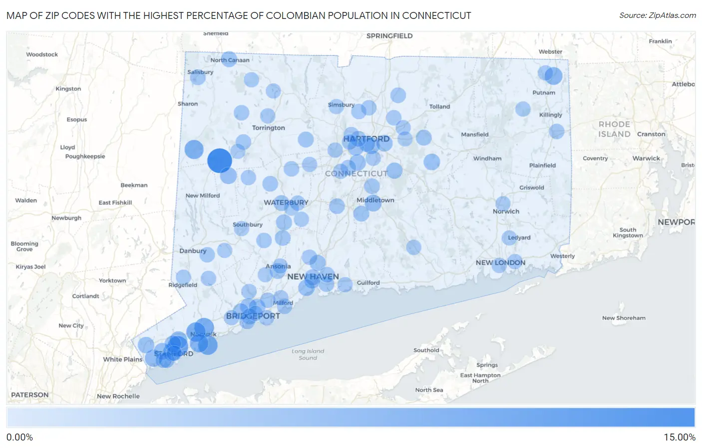 Zip Codes with the Highest Percentage of Colombian Population in Connecticut Map
