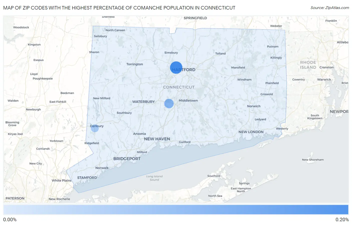 Zip Codes with the Highest Percentage of Comanche Population in Connecticut Map