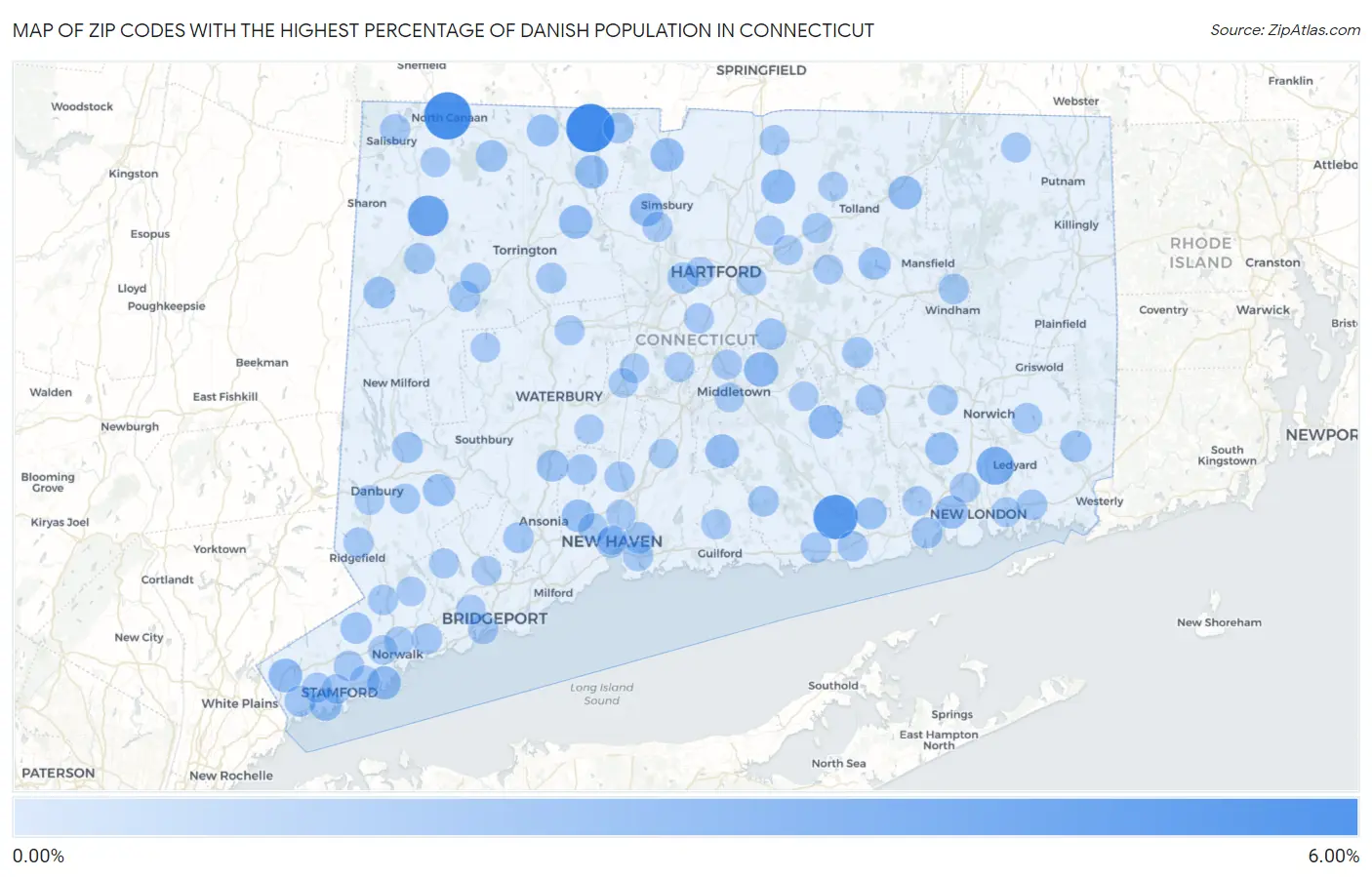 Zip Codes with the Highest Percentage of Danish Population in Connecticut Map
