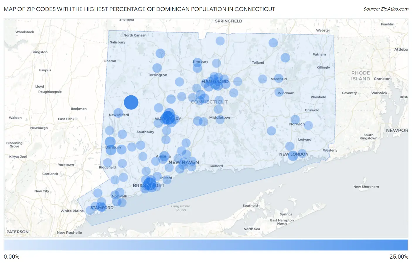 Zip Codes with the Highest Percentage of Dominican Population in Connecticut Map