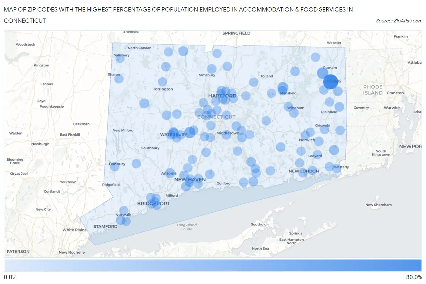 Zip Codes with the Highest Percentage of Population Employed in Accommodation & Food Services in Connecticut Map
