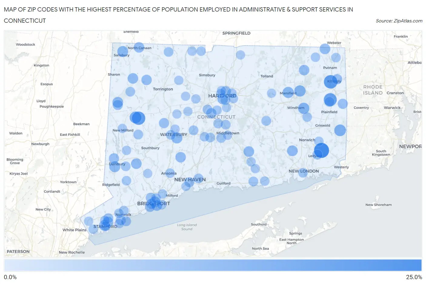 Zip Codes with the Highest Percentage of Population Employed in Administrative & Support Services in Connecticut Map