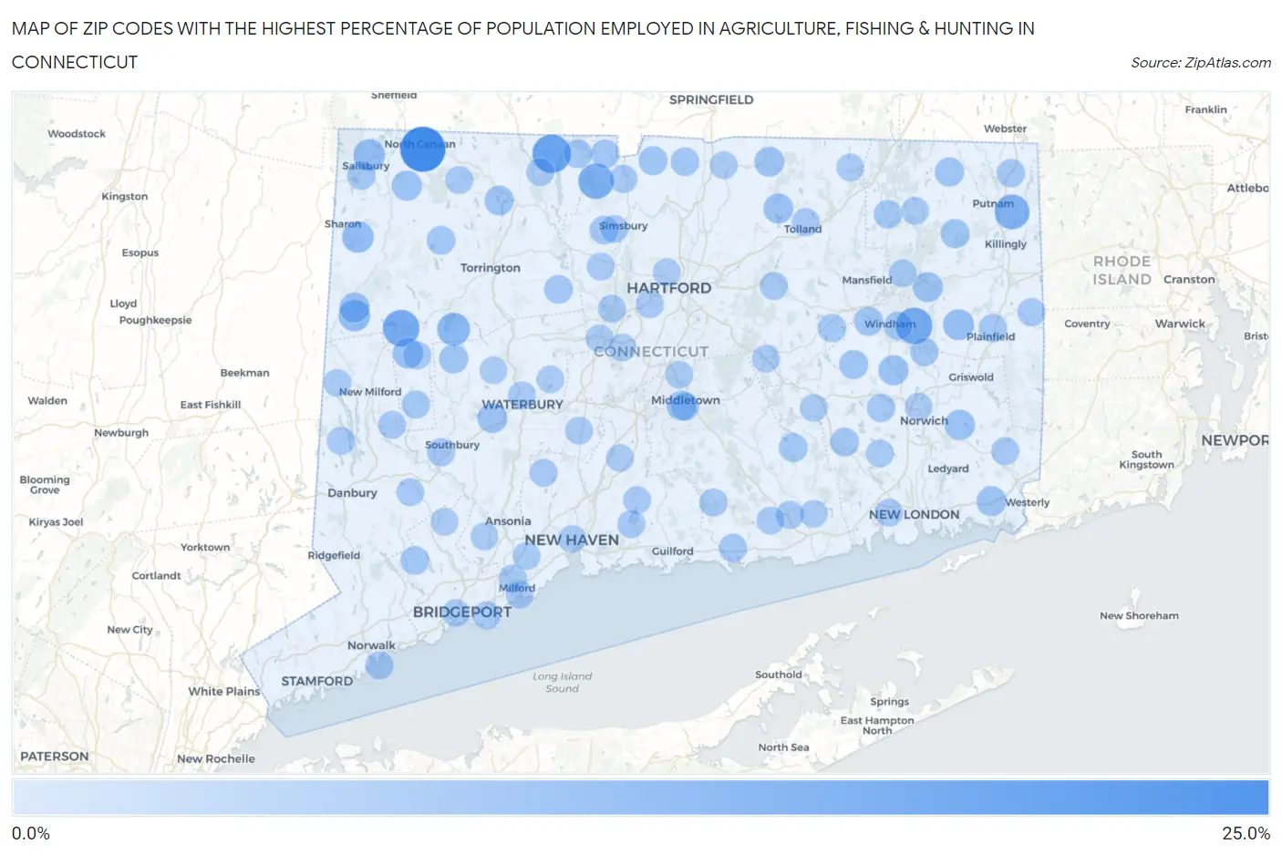 Zip Codes with the Highest Percentage of Population Employed in Agriculture, Fishing & Hunting in Connecticut Map
