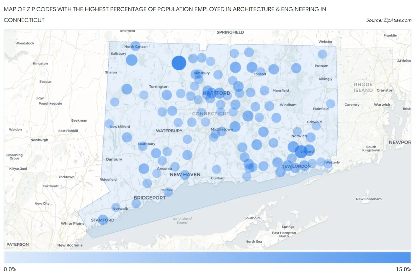 Zip Codes with the Highest Percentage of Population Employed in Architecture & Engineering in Connecticut Map