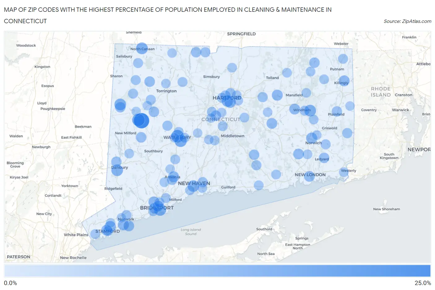 Zip Codes with the Highest Percentage of Population Employed in Cleaning & Maintenance in Connecticut Map