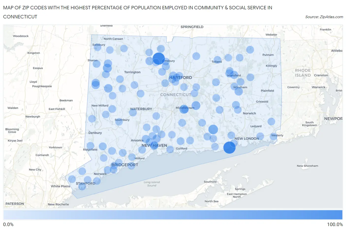 Zip Codes with the Highest Percentage of Population Employed in Community & Social Service  in Connecticut Map