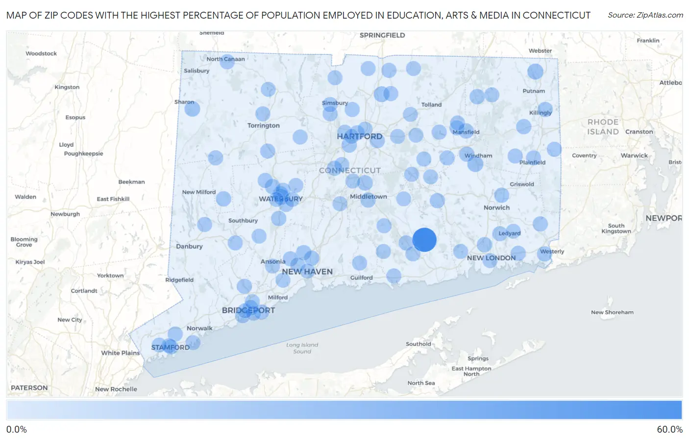 Zip Codes with the Highest Percentage of Population Employed in Education, Arts & Media in Connecticut Map