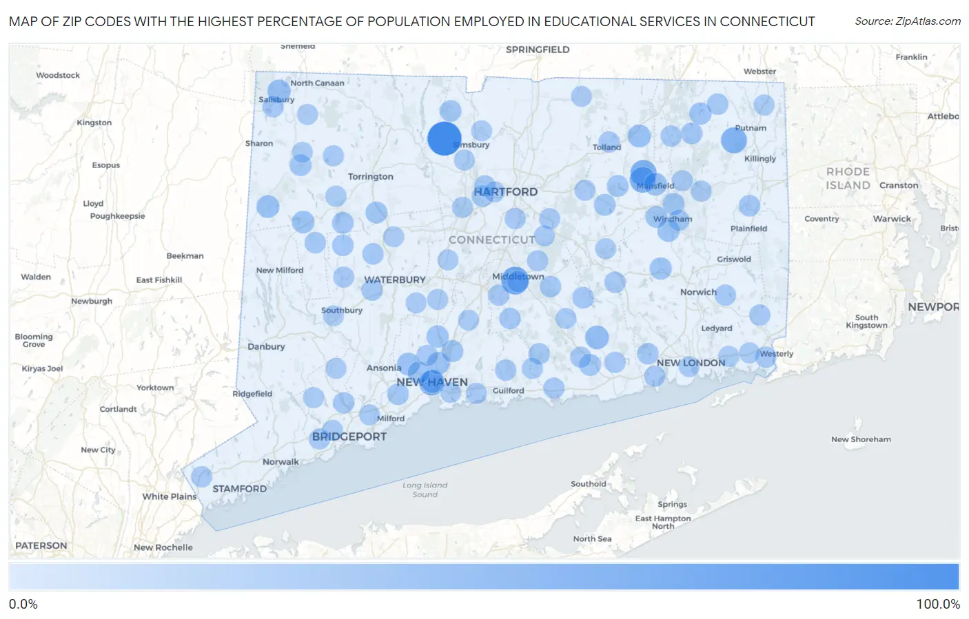 Zip Codes with the Highest Percentage of Population Employed in Educational Services in Connecticut Map