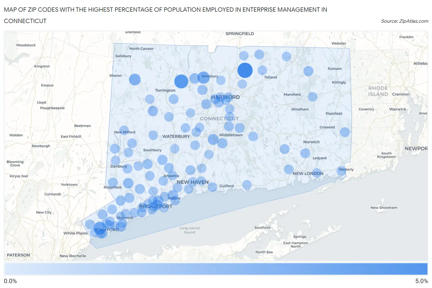 Zip Codes with the Highest Percentage of Population Employed in Enterprise Management in Connecticut Map
